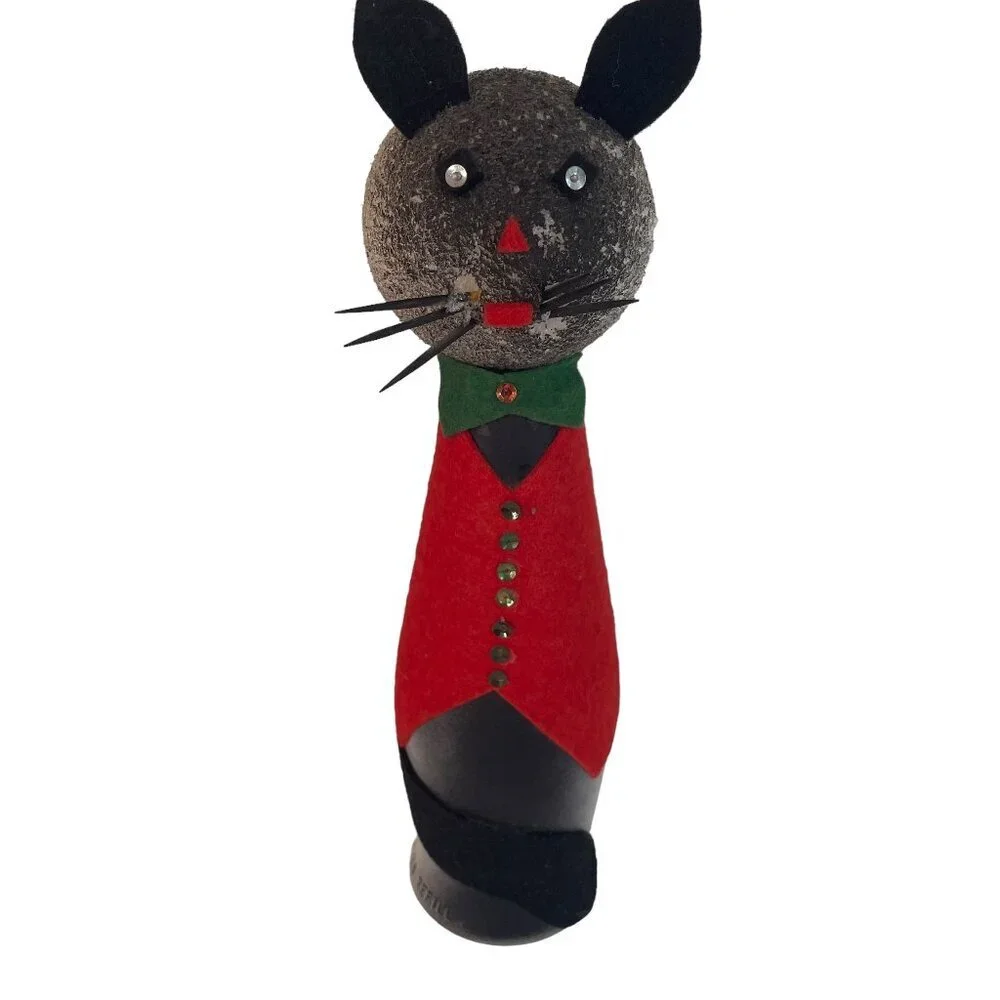 Vintage Glass Bottle Cat Kitschy Felt Craft Kitty--Dapper Gentleman Bow Tie